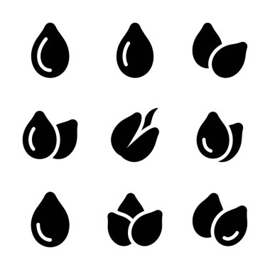 Dokuz basit tohum simgesinden oluşan bir koleksiyon. Bu set tek tohumlar, çiftler ve küçük kümeler içerir. Katı siyah kabartmalar beyaz arka planda izole edilmiş, UI tasarımı için mükemmel..