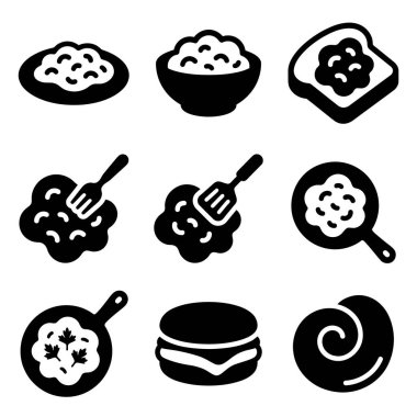Dokuz basit siyah beyaz gıda ikonundan oluşan bir koleksiyon. Bu set, bir tabakta, bir kasede, bir tostun üzerinde, ve bir tavada pişirilmek, artı bir hamburger ve bir hamur işi içeriyor..