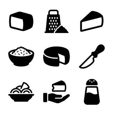 Peynir, rende, kama, kama, süzme peynir, tekerlek, bıçak ve karıştırıcı da dahil olmak üzere peynirle ilgili çeşitli öğeleri temsil eden dokuz siyah beyaz simge koleksiyonu..