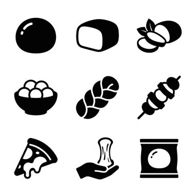 Bir top, dilim, örgü, şiş, pizza ve hamur gibi çeşitli mozzarella peynirlerini temsil eden dokuz vektör ikonundan oluşan bir koleksiyon, beyaz bir arka planda izole edilmiş..