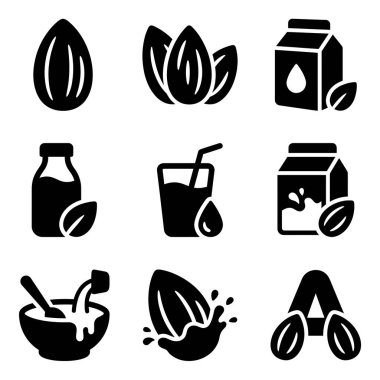 Badem ve badem sütü tasvir eden koyu siyah sembol koleksiyonu. Fındık, bitki bazlı içecekler, kutular ve bardaklar ve sağlıklı vegan gıda kavramları için ikonlar içerir..