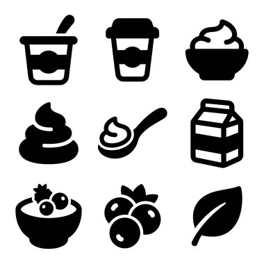 Kahvaltı ve süt ürünlerini temsil eden dokuz basit siyah beyaz ikon koleksiyonu. Beyaz arka planda izole edilmiş yoğurt, kahve, süt, çilek ve krema içerir..