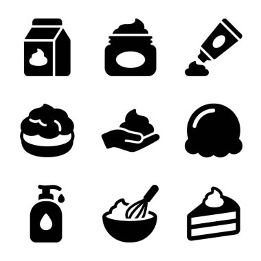 Süt kutusu, krem şanti, pasta, dondurma, losyon makinesi ve çırpma kabıyla karıştırma kabını içeren çeşitli krema ürünlerini temsil eden dokuz adet siyah siluet simgesi..
