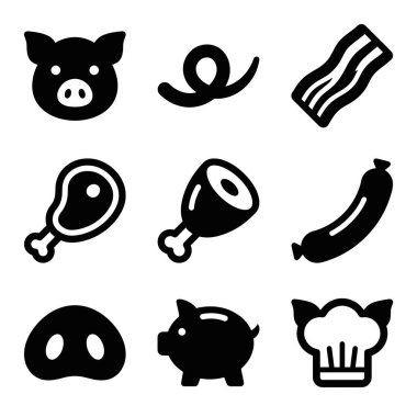 Bir domuzu temsil eden dokuz basit siyah ikondan oluşan bir koleksiyon. Parçalarını ve pastırma sosisi ve beyaz arka planda izole edilmiş biftek gibi çeşitli domuz eti ürünlerini.
