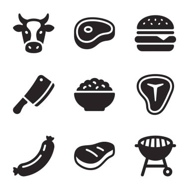 Sığır eti ve ızgarayla ilgili dokuz basit siyah ikon koleksiyonu. Bir inek kafası, biftekler, hamburger, sosis, kıyma, et satırı ve barbekü ızgarası..