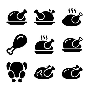 Kızarmış tavuk ve hindi tasvir eden simgelerden oluşan basit bir derleme. Tabaktaki tüm kuşlar, tek bir but ve çiğ tavuk manzarası. Menüler ya da yemek uygulamaları için mükemmel..