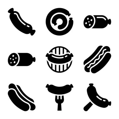 Sosis, salam, ızgara sosis ve sosisli sandviçler de dahil olmak üzere çeşitli sosis çeşitlerini betimleyen siyah ve beyaz vektör simgelerinden oluşan bir koleksiyon..