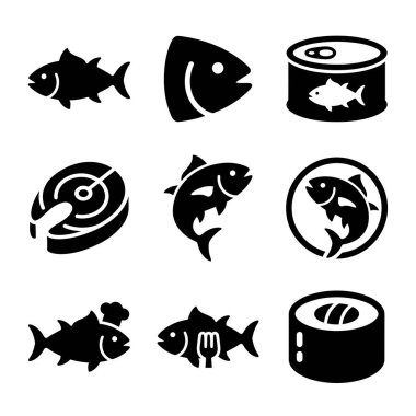 Bu vektör simgesi seti tam balık, biftek, konserve ton balığı, suşi ve şef balığı gibi çeşitli balık sembollerini içerir. Yemek menüleri, logolar ve mutfak tasarımı için mükemmeldir..