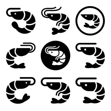 Dokuz basit, siyah beyaz karides ya da karides ikonu koleksiyonu. Bu vektör seti çeşitli şekillendirilmiş deniz ürünleri sembolleri içerir, bazıları daireler çizer, logolar veya grafik tasarım için mükemmeldir.