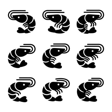 Birbirinin aynısı dokuz karides ya da karides ikonu bir ızgarada dizilmiş. Bu basit, modern siluet vektör tasarımı beyaz bir zemin üzerinde izole edilmiştir, deniz ürünleri logoları veya grafik elementleri için mükemmeldir..