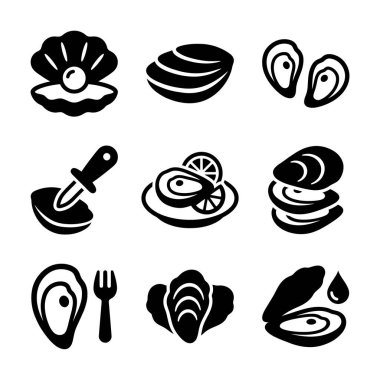 İstiridyeleri temsil eden basit kabuklu, incili, limonlu istiridye kabuklu ve istiridye bıçağı gibi hazırlama aletleri içeren kabuk simgelerinden oluşan bir koleksiyon..