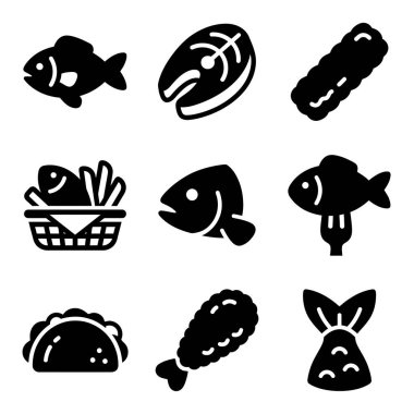 Balık, biftek, balık, patates kızartması, taco ve kızarmış yiyecekler de dahil olmak üzere çeşitli balık ve deniz ürünlerinin yer aldığı dokuz basit siyah yiyecek ikonundan oluşan bir koleksiyon..