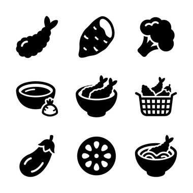 Japon tempura yemek ve malzemelerini temsil eden dokuz siyah beyaz ikon koleksiyonu. Karides, tatlı patates, brokoli, patlıcan, nilüfer kökü ve sos..