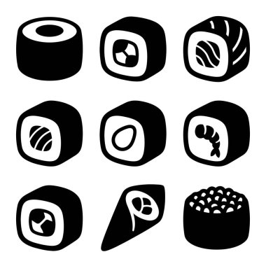Japon suşi ve rulo simgelerinden oluşan minimalist siyah bir siluet koleksiyonu. Farklı maki, temaki el rulosu ve gunkan ve roe 'yu içeriyor. Beyazda izole edilmiş.