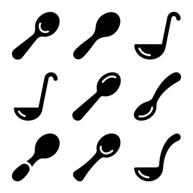 Farklı kaşık ve kepçe çeşitlerini temsil eden dokuz basit, katı siyah simge koleksiyonu. Vektör grafikleri beyaz bir arkaplanda izole edilmiş, mutfak veya mutfak temaları için mükemmel..