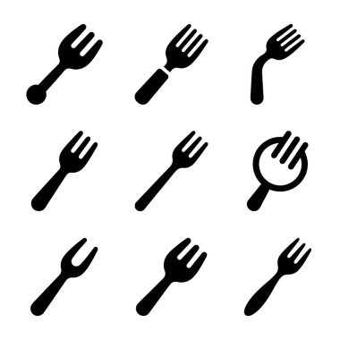 Çeşitli stillerde dokuz basit siyah çatal simgesinden oluşan bir koleksiyon. Standart, eğik ve stilize tasarımları içerir. Yemek, yemek ve restoranla ilgili grafik tasarım projeleri için mükemmel..