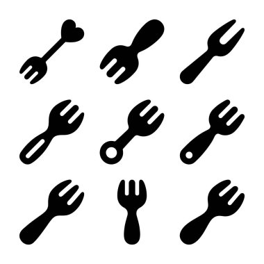 Dokuz siyah çatal silueti koleksiyonu. Beyaz arka planda izole edilmiş, farklı tasarımlara sahip bir dizi düz vektör simgesi. Yemek, yemek ve restoran grafikleri için..