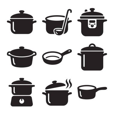 Tencere, tava, düdüklü tencere, buhar tenceresi ve kepçe gibi çeşitli mutfak malzemelerini temsil eden dokuz basit siyah vektör ikonundan oluşan bir koleksiyon..