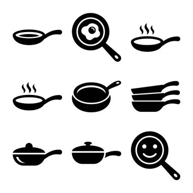 Dokuz tane çok yönlü siyah tava ikonu, buharda pişmiş tavalar, bir yumurta, bir yığın tava ve kapaklı bir tava. Aşçılık tasarımı için basit vektör grafikleri.