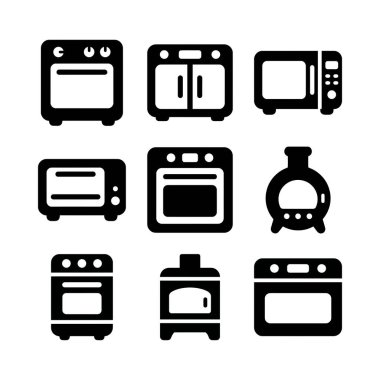 Çeşitli yemek pişirme aletlerini tasvir eden dokuz siyah simge koleksiyonu. Beyaz zemin üzerinde mikrodalga fırın, menzil ve geleneksel fırın tasarımları içerir.
