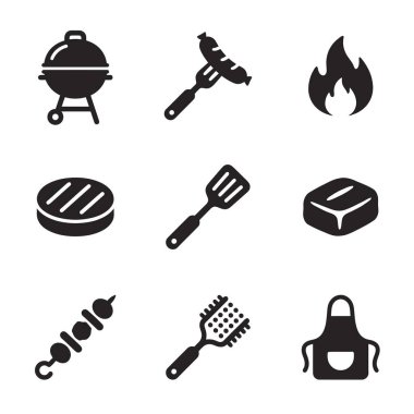 Izgara, sosis, ateş, biftek, spatula, kebap, fırça ve apron dahil olmak üzere dokuz basit siyah beyaz ikon koleksiyonu..