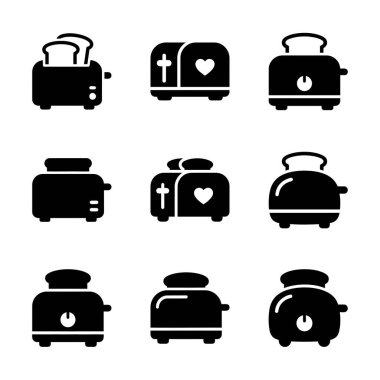 Katı bir kabartma tarzında dokuz basit siyah tost makinesi simgesi koleksiyonu. Set, mutfak aletlerinin çeşitli tasarımlarını içeriyor. Bazılarında ekmek, kalp ve haçlar var..