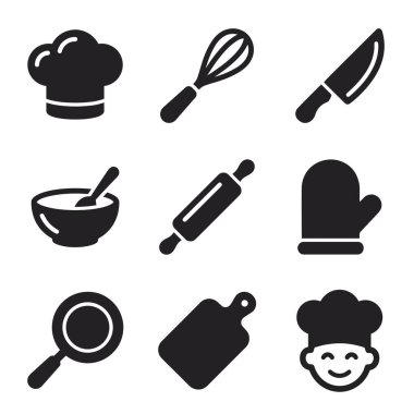 Basit monokrom mutfak ve pişirme aleti simgeleri seti. Bu vektör grafik koleksiyonu restoran, kafe veya ev yemeği kavramları için temel mutfak öğelerini içerir..