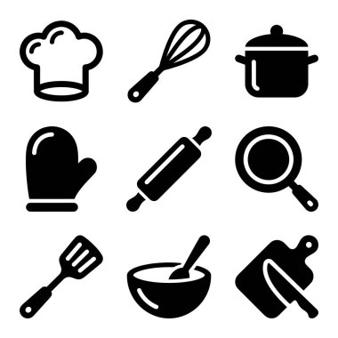 Pişirme ve pişirme için dokuz monokrom simge koleksiyonu. Aşçı şapkası, çırpı, tencere, fırın eldiveni, merdane, kızartma tavası, spatula, karıştırma kabı ve bıçak içerir..