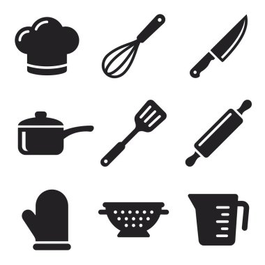 Dokuz basit siyah yemek ikonundan oluşan bir koleksiyon. Aşçı şapkası, çırpı, bıçak, kap, spatula, merdane, fırın eldiveni, süzgeç ve ölçü kabı içerir..