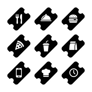 Bilet koçanlarında yemek servis simgeleri var. Yemek, paket servis, teslimat, mobil uygulama siparişi ve zaman için semboller içeriyor. Ayrı grafik ögeleri.