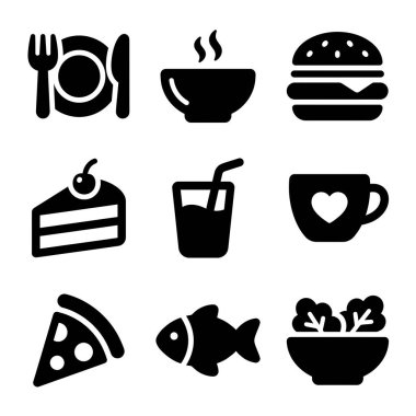 Kullanıcı arayüzü tasarımında kullanılmak üzere pizza, hamburger, pasta ve salata gibi çeşitli yiyecek ve içecek öğelerini temsil eden dokuz basit simge koleksiyonu.