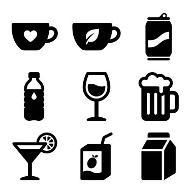 Çeşitli içecekleri temsil eden dokuz basit vektör simgesi. Kahve, çay, soda, su, şarap, bira, kokteyl, meyve suyu ve sütü temiz bir kabartma biçiminde içerir.