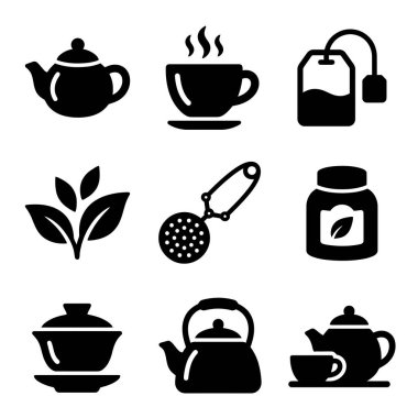 Çaydanlık, çay fincanı, çay poşeti, yapraklar, zerk edici, kavanoz ve su ısıtıcısı da dahil olmak üzere çayın çeşitli yönlerini temsil eden dokuz basit siyah vektör ikonundan oluşan bir koleksiyon..