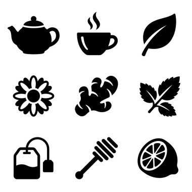 Çay ve bitkisel içeceklerle ilgili dokuz basit siyah ikondan oluşan bir koleksiyon. Çaydanlık, fincan, yaprak, papatya çayı, zencefil, nane, çay poşeti, bal kabağı ve limon dilimi içerir.