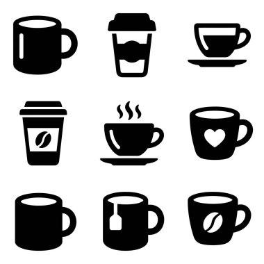 Kupalar, kağıt bardaklar ve çay fincanları dahil olmak üzere çeşitli kahve ve çay içeceklerini temsil eden dokuz basit siyah siluet ikonundan oluşan bir koleksiyon..