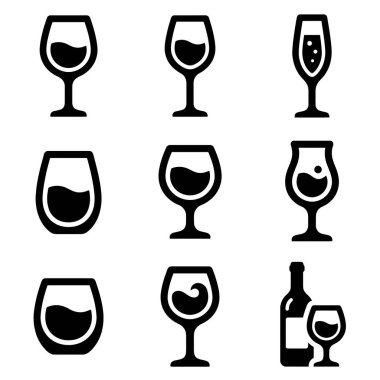 Çeşitli şarap kadehleri, bir şampanya kadehi ve bir şarap şişesini tasvir eden dokuz basit simge koleksiyonu. Web ve yazdırma için izole vektör illüstrasyonu ayarlandı.