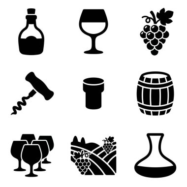 Şarap ve şarap yapımında kullanılan dokuz adet siyah siluet ikonu, beyaz bir arka planda izole edilmiş şişe cam üzüm, tirbuşon fıçı üzüm bağı ve sürahi.