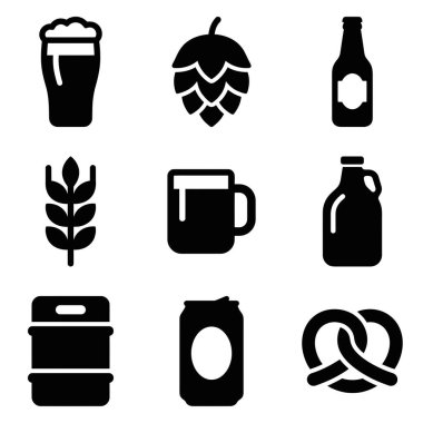 Bira bardağı, bardak, şişe, kutu, fıçı, hop, arpa, homurdanan ve simit içeren dokuz siyah siluet ikonundan oluşan bir koleksiyon..