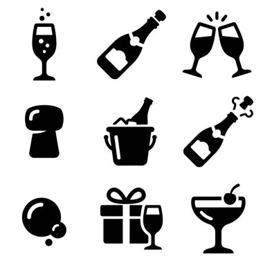 Festivaller için basit siyah siluet simgelerinden oluşan bir koleksiyon. Şampanya şişesi, kadeh, tost, mantar, buz kovası ve kutlama için hediye sembolleri içerir..