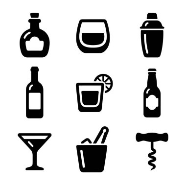 Alkollü içecekler ve bar malzemeleri için dokuz basit siyah ikon koleksiyonu. Şişeler, bardaklar, kokteyl karıştırıcı, buz kovası ve tirbuşon içerir..