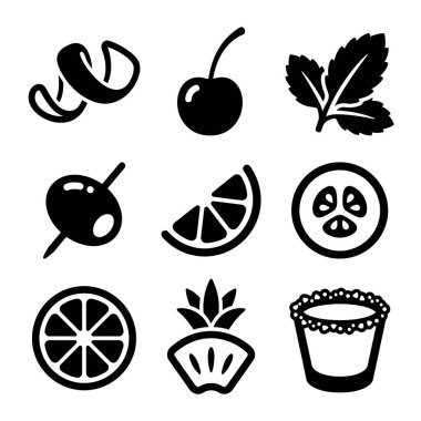 Portakal kabuğu, kiraz, nane, zeytin, ıhlamur, salatalık, portakal dilimi, ananas ve tuzlu cam da dahil olmak üzere içecek süslemeleri için dokuz basit simge koleksiyonu..