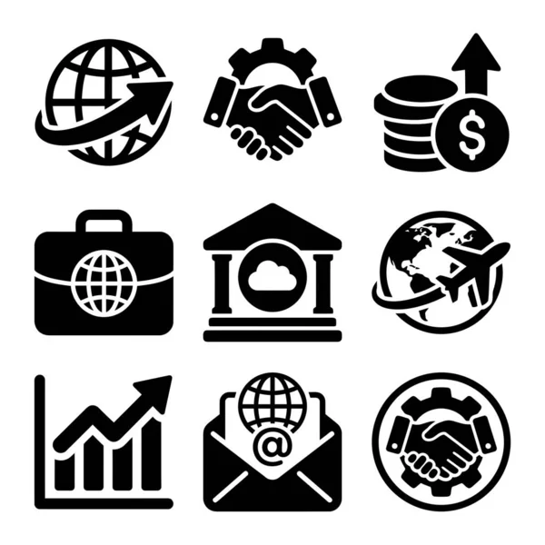 Uluslararası ticaret, mali büyüme, ortaklık, küresel seyahat ve iş dünyası için dijital iletişim gibi kavramları temsil eden dokuz sağlam siyah simge koleksiyonu.