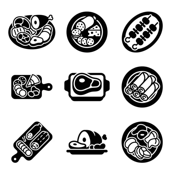Biftek, jambon, sosis, kebap ve şarküteri tahtaları da dahil olmak üzere farklı yemek hazırlıklarını temsil eden dokuz adet tek renkli sembol. Menüler veya mutfak tasarımı için basit vektör illüstrasyonu.