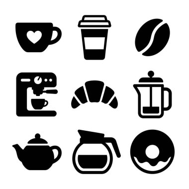 Kafe ve fırın ürünlerini temsil eden dokuz siyah siluet simgesi koleksiyonu. Bu sette bir kahve fincanı, espresso makinesi, kruvasan, çörek, çaydanlık, Fransız basını ve kahve çekirdeği var, menü veya web tasarımı için mükemmel..