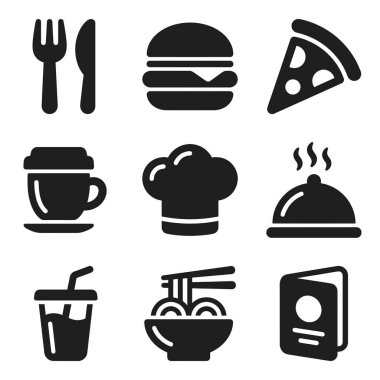 Dokuz katı siyah yiyecek ve restoran temalı ikon koleksiyonu. Çatal bıçak, hamburger, pizza, kahve, şef şapkası, saat, soda, erişte ve web ve mobil için menü sembolleri içerir.