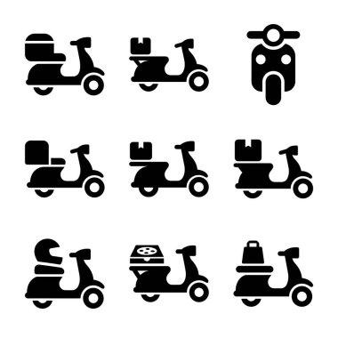 Basit bir siluet tarzında taşıyıcı ikon motosiklet seti. İkonlar, hızlı nakliye, paket ve yemek dağıtım hizmetleri için farklı kargo kutularına sahip scooterları tasvir ediyor..