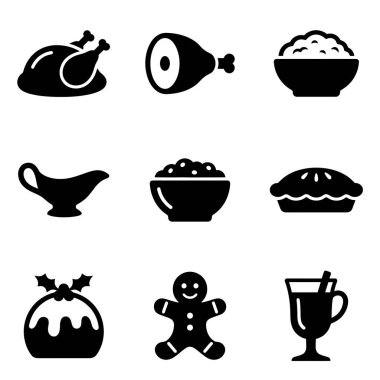 Geleneksel Noel ve bayram yemeklerini temsil eden dokuz basit simge koleksiyonu. Hindi, jambon, turta, puding ve zencefilli ekmek adam..