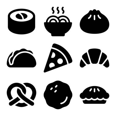 Grafik tasarımı için suşi, pizza, taco ve kruvasan gibi çeşitli uluslararası yemekleri temsil eden dokuz basit siyah beyaz yiyecek ikonu..