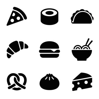 Dokuz tane minimalist yemek kabartması. Bu vektör grafik koleksiyonu dünyanın dört bir yanından menüler, uygulamalar ve web tasarımı için mükemmel olan popüler yemek ve atıştırmalıkları içerir..