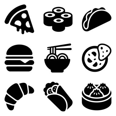 Beyaz arka planda pizza, suşi, taco, burger, erişte, naan, kruvasan, burrito ve hamur tatlısı içeren dokuz katı siyah gıda ikonu koleksiyonu..